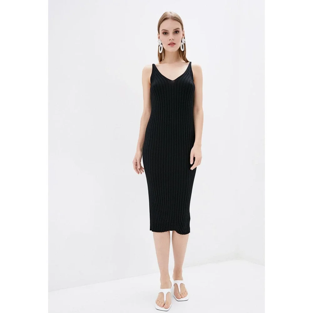 DASTI Knit Black Dress Ribbed Bodycon Midi Sweater Sleeveless V-Neck Knitted - Picture 2 of 6